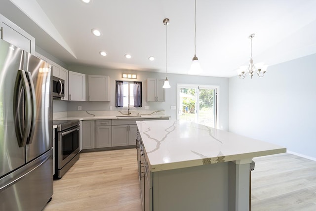 15-2806 Manalo St, Pahoa, HI 96778 - kitchen featuring appliances with stainless steel finishes, gray cabinets, recessed lighting, a center island, and a sink