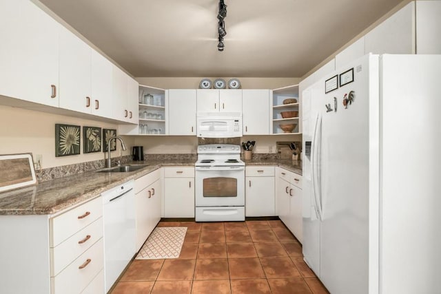 4800 Hanalei Plantation Rd Unit 9B, Princeville, HI 96722 - kitchen with open shelves, white appliances, a sink, stone counters, and white cabinetry