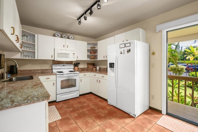 4800 Hanalei Plantation Rd Unit 9B, Princeville, HI 96722 - kitchen featuring white appliances, open shelves, a sink, track lighting, and white cabinets