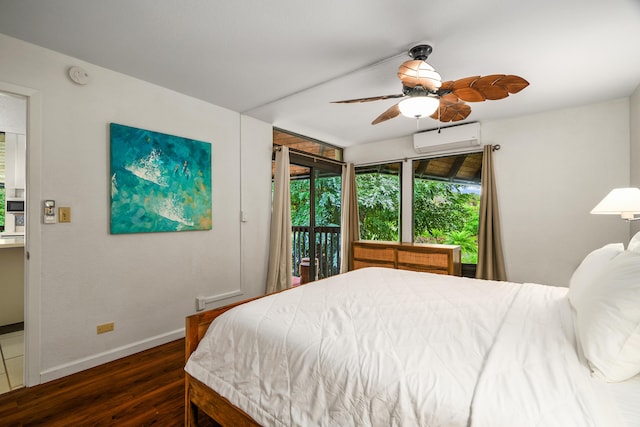 3920 Wyllie Rd Unit 7B, Princeville, HI 96722 - bedroom with a wall mounted air conditioner, wood finished floors, baseboards, ceiling fan, and access to exterior