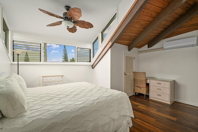 3920 Wyllie Rd Unit 7B, Princeville, HI 96722 - bedroom with a wall mounted AC, dark wood-style floors, and ceiling fan