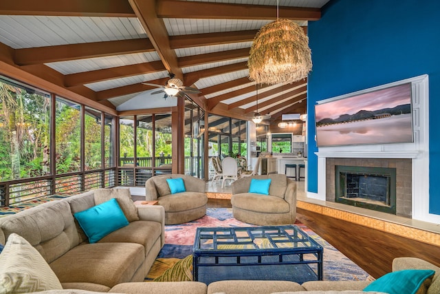 3920 Wyllie Rd Unit 7B, Princeville, HI 96722 - sunroom featuring an outdoor living space with a fireplace and ceiling fan