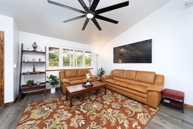15-2063 18th Ave, Keaau, HI 96749 - living area with wood finished floors, a ceiling fan, and lofted ceiling