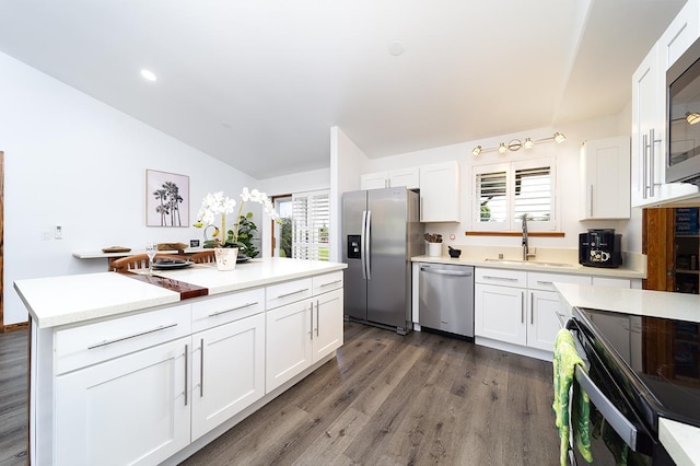 15-2063 18th Ave, Keaau, HI 96749 - kitchen with appliances with stainless steel finishes, healthy amount of natural light, dark wood finished floors, light countertops, and vaulted ceiling