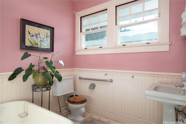 39-3383 Old Mamalahoa Hwy, Ookala, HI 96774 - full bathroom with wainscoting, a freestanding bath, toilet, and a sink
