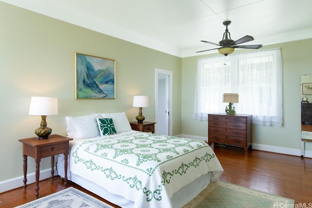 39-3383 Old Mamalahoa Hwy, Ookala, HI 96774 - bedroom featuring wood finished floors, baseboards, crown molding, and a ceiling fan