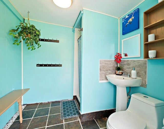 94-6543 Kamaoa Rd, Naalehu, HI 96772 - bathroom featuring toilet, a shower with curtain, crown molding, and stone finish floors