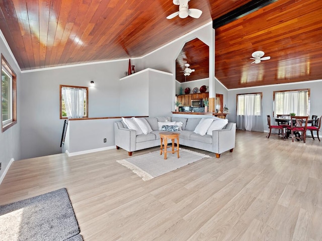 94-6543 Kamaoa Rd, Naalehu, HI 96772 - living room featuring a ceiling fan, wood ceiling, ornamental molding, vaulted ceiling, and baseboards