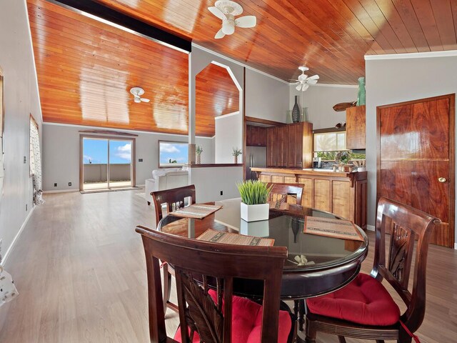 94-6543 Kamaoa Rd, Naalehu, HI 96772 - dining area featuring wooden ceiling, healthy amount of natural light, light wood-type flooring, vaulted ceiling, and crown molding