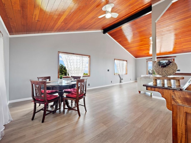 94-6543 Kamaoa Rd, Naalehu, HI 96772 - dining space featuring baseboards, wood finished floors, wooden ceiling, ceiling fan, and crown molding