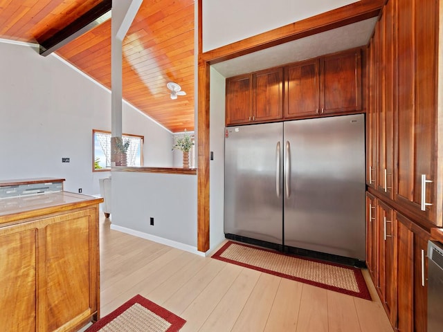 94-6543 Kamaoa Rd, Naalehu, HI 96772 - kitchen featuring stainless steel fridge, light wood-style floors, brown cabinetry, wooden ceiling, and baseboards