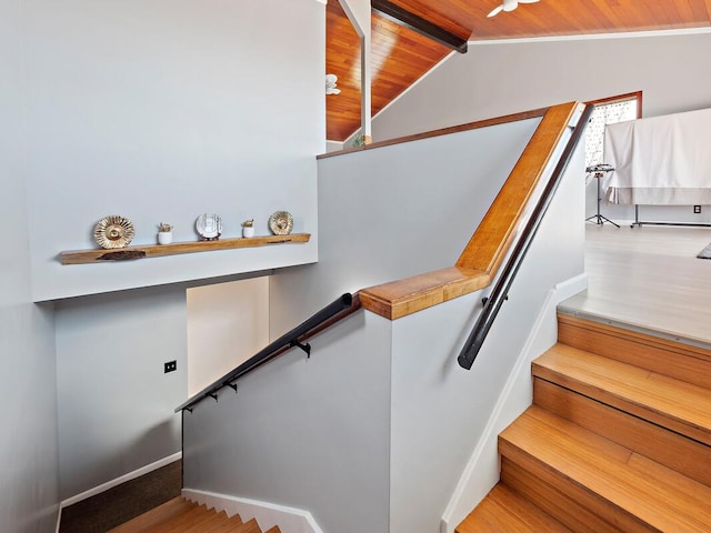 94-6543 Kamaoa Rd, Naalehu, HI 96772 - stairs featuring wooden ceiling, wood finished floors, and baseboards