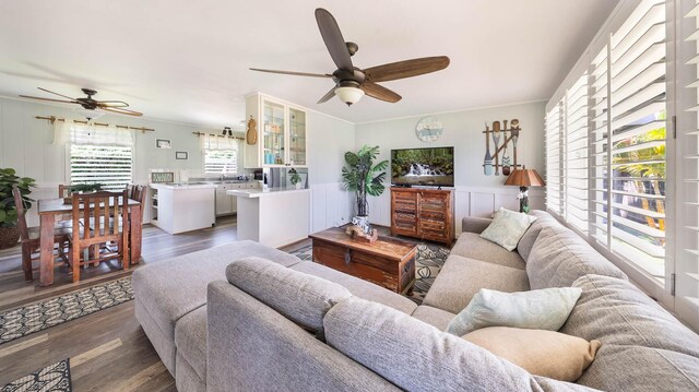7990 Ulili Rd Unit A, Kekaha, HI 96752 - living room with ceiling fan, wood finished floors, ornamental molding, a decorative wall, and wainscoting