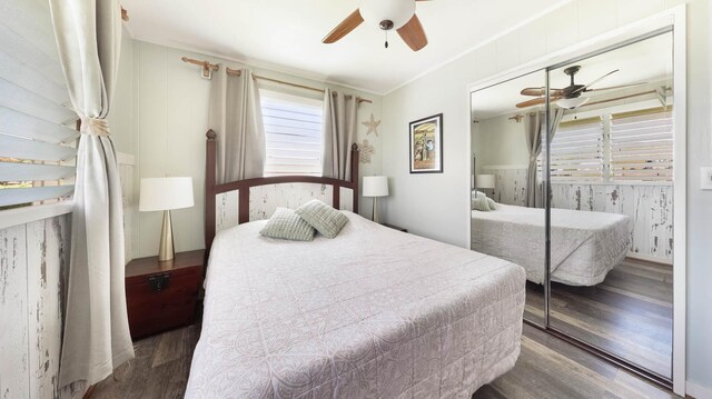 7990 Ulili Rd Unit A, Kekaha, HI 96752 - bedroom with wood finished floors, multiple windows, a closet, and a ceiling fan