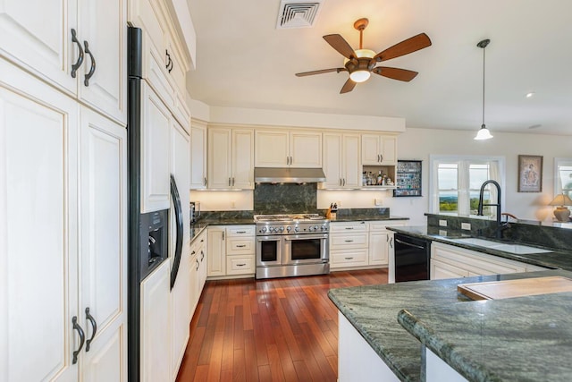 1187 Nohea St, Kalaheo, HI 96741 - kitchen with high end appliances, under cabinet range hood, a sink, a ceiling fan, and cream cabinets