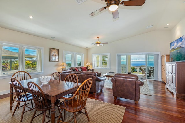 1187 Nohea St, Kalaheo, HI 96741 - dining space with ceiling fan, plenty of natural light, dark wood finished floors, lofted ceiling, and recessed lighting