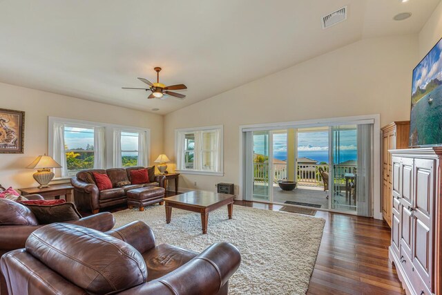 1187 Nohea St, Kalaheo, HI 96741 - living area with ceiling fan, dark wood-style flooring, healthy amount of natural light, and high vaulted ceiling