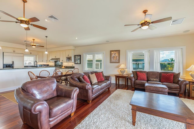1187 Nohea St, Kalaheo, HI 96741 - living room featuring a ceiling fan, plenty of natural light, and dark wood-type flooring