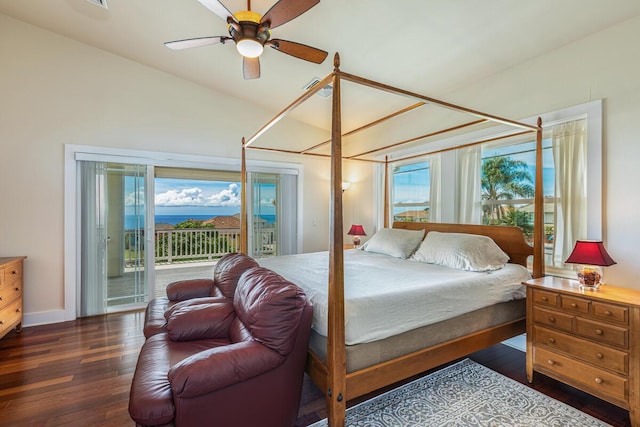 1187 Nohea St, Kalaheo, HI 96741 - bedroom with wood-type flooring, access to outside, vaulted ceiling, baseboards, and a ceiling fan