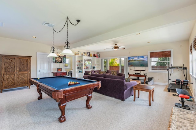 1187 Nohea St, Kalaheo, HI 96741 - recreation room featuring pool table, carpet, baseboards, a ceiling fan, and recessed lighting