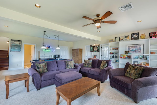 1187 Nohea St, Kalaheo, HI 96741 - living room with light colored carpet, ceiling fan, recessed lighting, stairs, and billiards