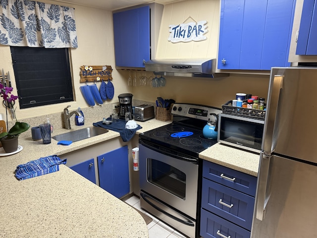 5061 Lawai Rd Unit 203, Koloa, HI 96756 - kitchen with appliances with stainless steel finishes, blue cabinetry, under cabinet range hood, and a sink