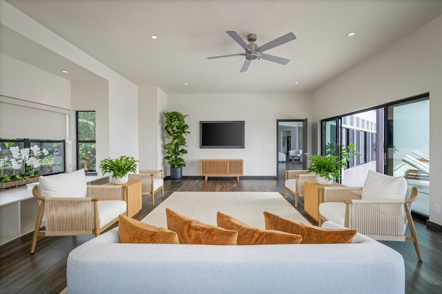 76-981 Aeo St, Kailua-Kona, HI 96740 - living area with recessed lighting, dark wood-style floors, ceiling fan, and radiator