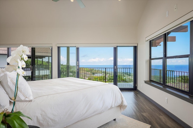 76-981 Aeo St, Kailua-Kona, HI 96740 - bedroom with access to exterior, a water view, wood finished floors, and vaulted ceiling