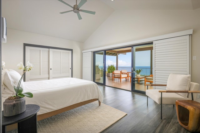76-981 Aeo St, Kailua-Kona, HI 96740 - bedroom with access to exterior, high vaulted ceiling, wood finished floors, a water view, and a ceiling fan