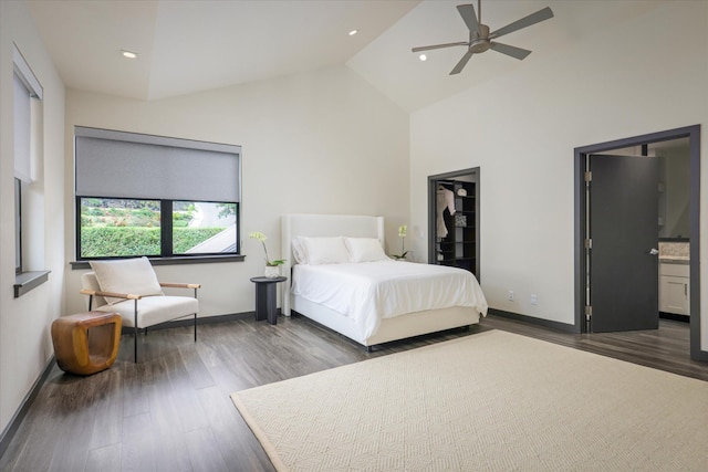 76-981 Aeo St, Kailua-Kona, HI 96740 - bedroom featuring wood finished floors, high vaulted ceiling, and ceiling fan