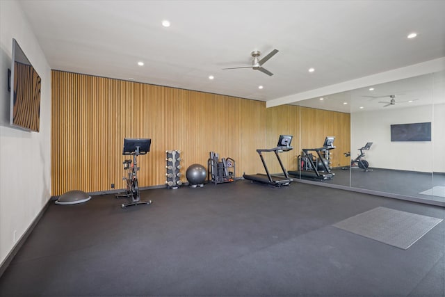 76-981 Aeo St, Kailua-Kona, HI 96740 - exercise room featuring a ceiling fan, wood walls, and recessed lighting