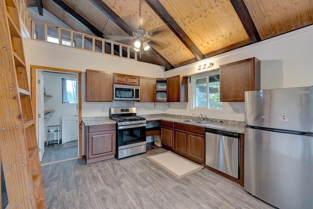 16-2159 Bamboo Dr, Pahoa, HI 96778 - kitchen featuring stainless steel appliances, a sink, wooden ceiling with exposed beams, light wood-style flooring, and high vaulted ceiling