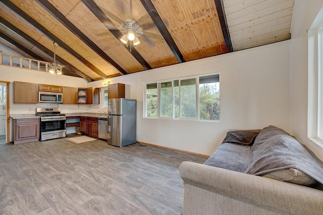16-2159 Bamboo Dr, Pahoa, HI 96778 - kitchen with appliances with stainless steel finishes, light wood-style floors, light countertops, wood ceiling with exposed beams, and open floor plan