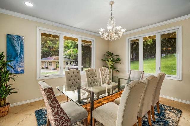 4600 Uha Rd Unit 3, Lawai, HI 96765 - dining room featuring light tile patterned floors, plenty of natural light, a chandelier, crown molding, and baseboards