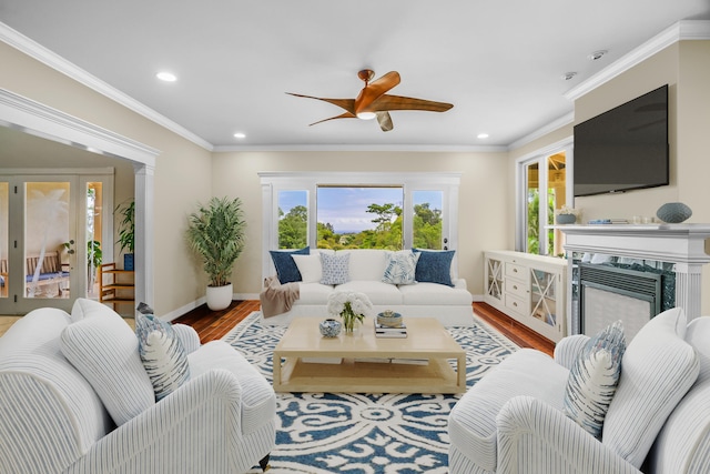 4600 Uha Rd Unit 3, Lawai, HI 96765 - living room with recessed lighting, a ceiling fan, wood finished floors, crown molding, and a high end fireplace