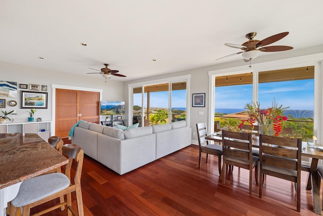 1165 Milia St, Kalaheo, HI 96741 - living room featuring ceiling fan and dark wood-style floors
