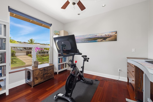 1165 Milia St, Kalaheo, HI 96741 - workout area featuring baseboards, ceiling fan, wood finished floors, and recessed lighting