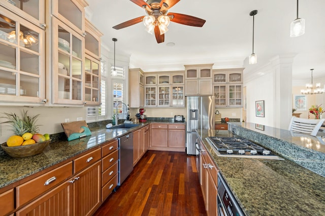 3042 Lauae Pl, Koloa, HI 96756 - kitchen with a sink, stainless steel appliances, ceiling fan, dark wood-type flooring, and hanging light fixtures