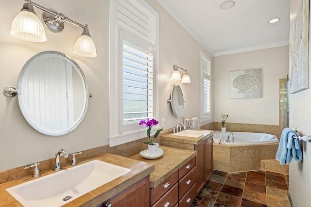 3042 Lauae Pl, Koloa, HI 96756 - bathroom with vanity, a garden tub, stone finish flooring, and crown molding