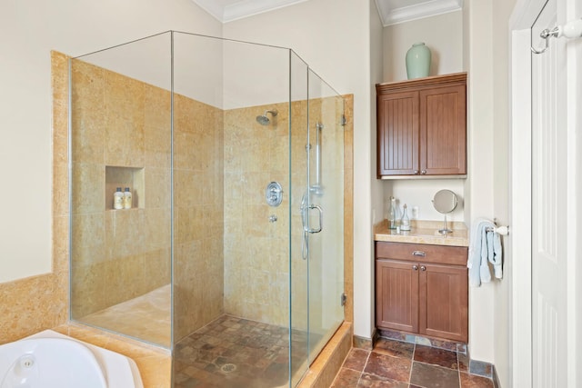 3042 Lauae Pl, Koloa, HI 96756 - full bathroom with ornamental molding, a shower stall, a whirlpool tub, and stone finish floors