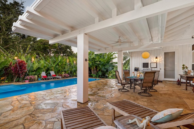 3042 Lauae Pl, Koloa, HI 96756 - swimming pool featuring ceiling fan, a patio area, and outdoor dining space