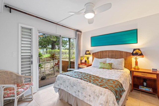 3880 Wyllie Rd Unit 12B, Princeville, HI 96722 - bedroom with light tile patterned floors, access to exterior, and a ceiling fan
