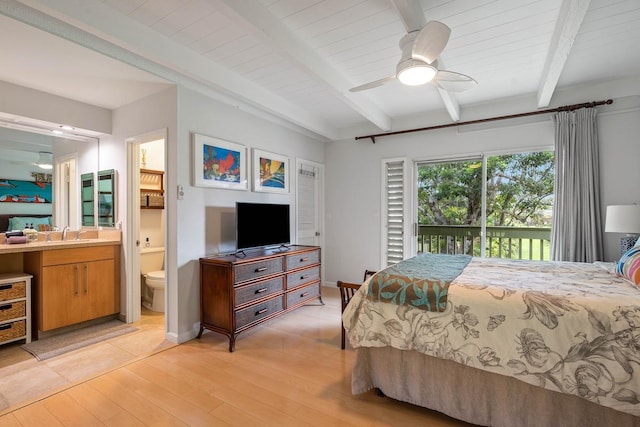 3880 Wyllie Rd Unit 12B, Princeville, HI 96722 - bedroom featuring beamed ceiling, light wood finished floors, connected bathroom, a sink, and access to outside