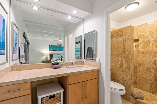 3880 Wyllie Rd Unit 12B, Princeville, HI 96722 - full bathroom with a shower stall, vanity, toilet, ensuite bath, and recessed lighting
