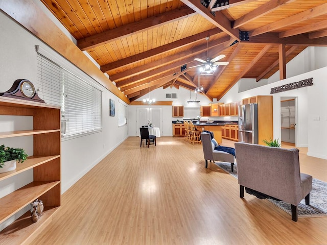 15-1545 27th Ave, Keaau, HI 96749 - living room with light wood-style floors, a ceiling fan, wooden ceiling, baseboards, and a chandelier