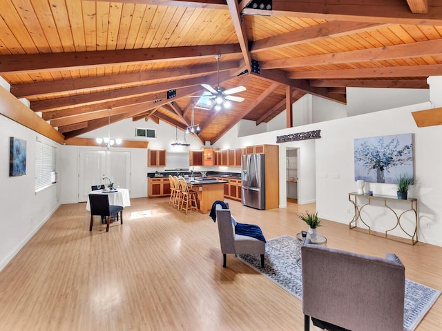 15-1545 27th Ave, Keaau, HI 96749 - living room with wooden ceiling with exposed beams, light wood-type flooring, baseboards, ceiling fan, and a chandelier
