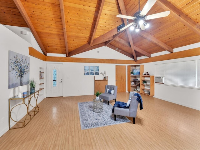 15-1545 27th Ave, Keaau, HI 96749 - living area with ceiling fan, wood ceiling, baseboards, wood finished floors, and an AC wall unit