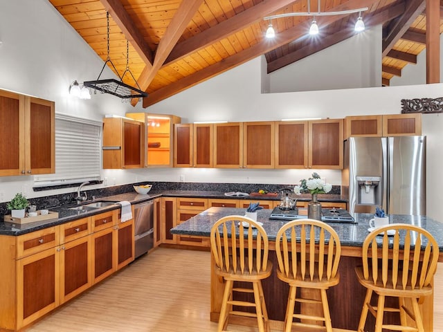 15-1545 27th Ave, Keaau, HI 96749 - kitchen with stainless steel appliances, wooden ceiling with exposed beams, high vaulted ceiling, a sink, and a kitchen island