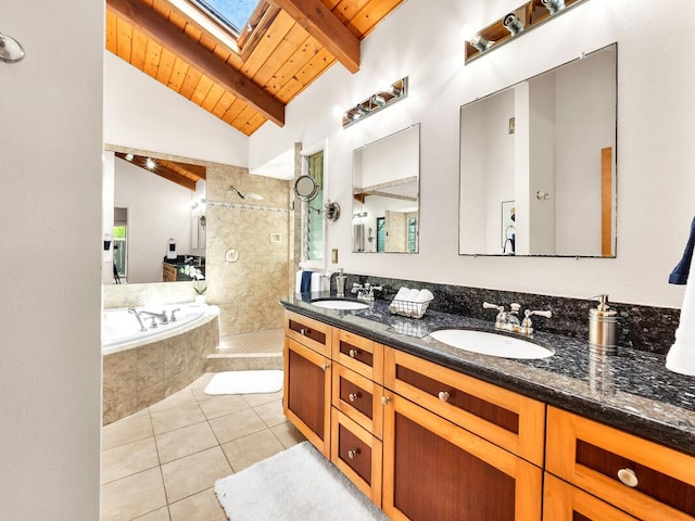 15-1545 27th Ave, Keaau, HI 96749 - bathroom featuring a skylight, tile patterned flooring, double vanity, wood ceiling, and a walk in shower