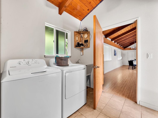 15-1545 27th Ave, Keaau, HI 96749 - laundry room with wood ceiling, independent washer and dryer, and light tile patterned floors